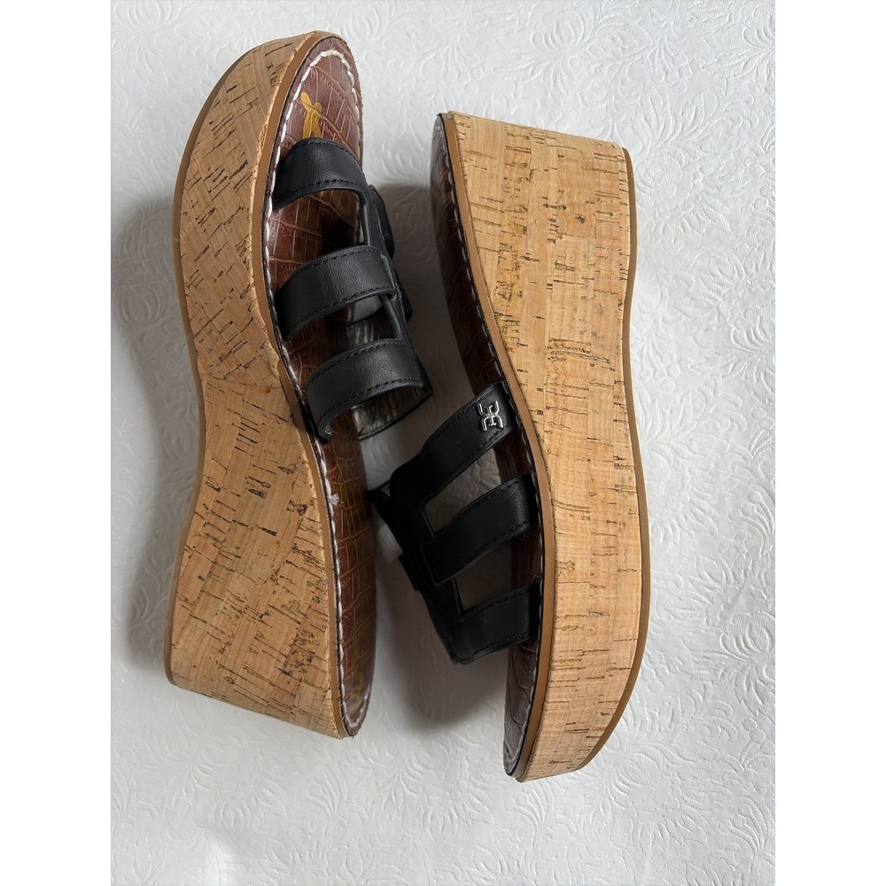 Sam Edelman Ronie Logo Black Leather Cork Wedge Platform Sandals Womens 8.5 M - Picture 4 of 7